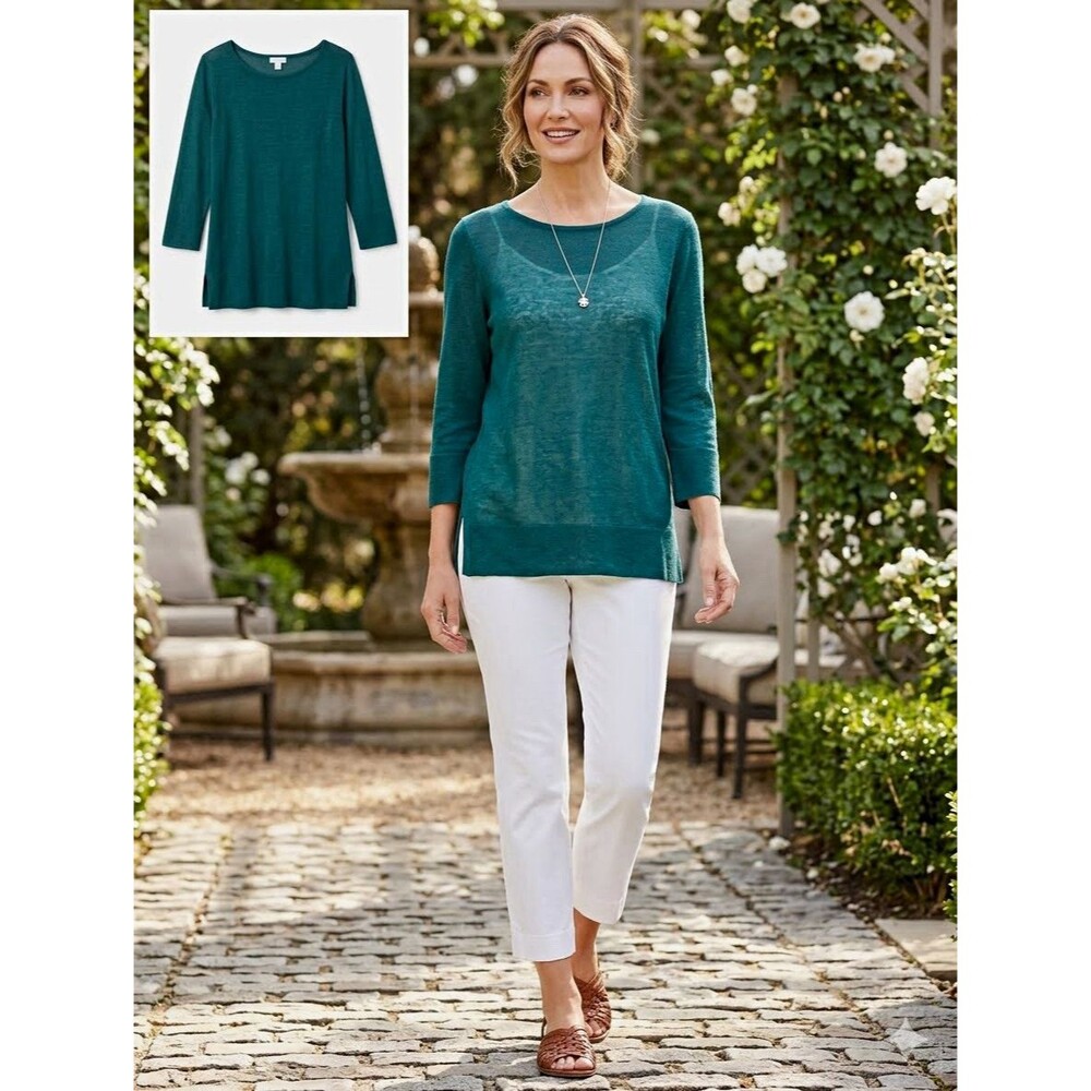J.Jill Women’s Teal Knit Linen Cotton Modal Rayon Scoop 3/4 Sleeve L Sweater